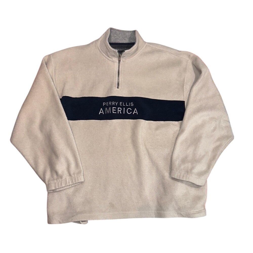 Perry Ellis America Active Polar Fleece Quarter Zip Cream‎ Blue Mens XL Pullover